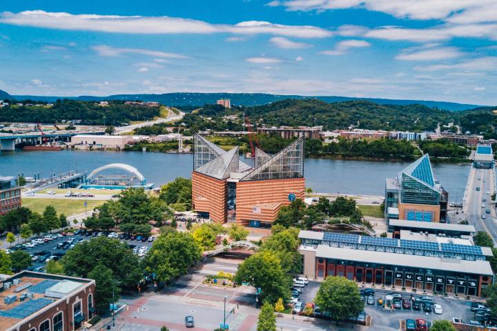 a view of a large body of water with a city in the background