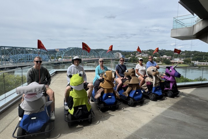 Group seated on animal-shaped scooters overlooking a bridge and river.