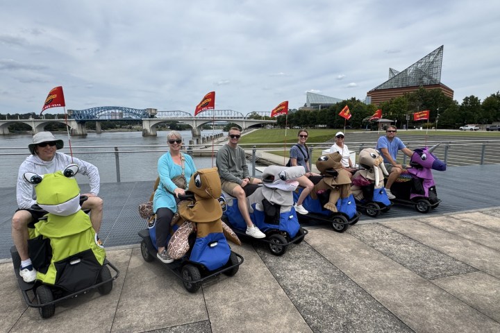 Group of people on animal-themed scooters with flags by a waterfront and bridge.