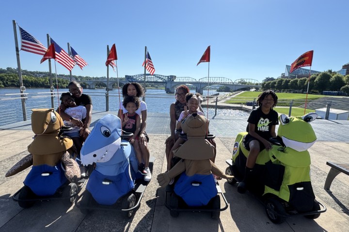 Group seated on animal-themed scooters by river, flags and bridge in background.