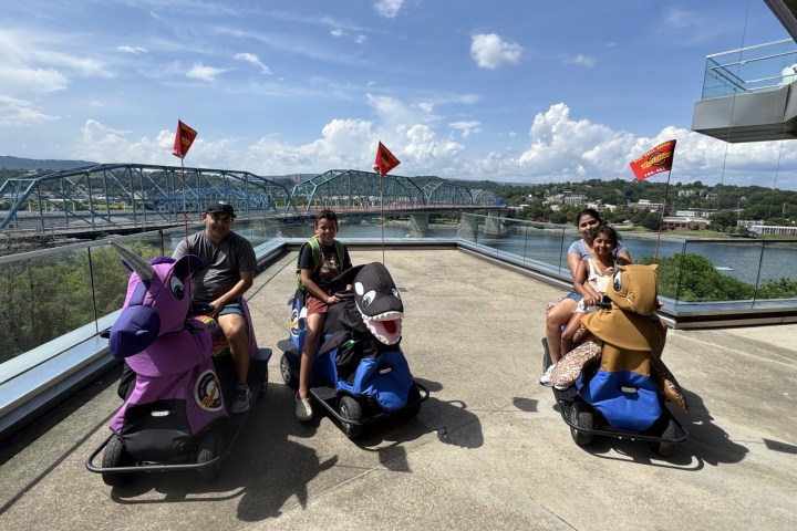 Three people riding animal-themed scooters with a bridge view in the background.