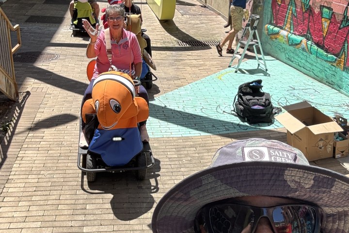 Smiling woman in hat takes selfie with people on rideable animal scooters in graffiti-covered alley.