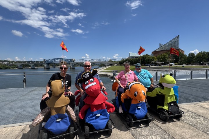 Four people riding scooters with animal costumes, near a river and bridge, under clear blue sky.