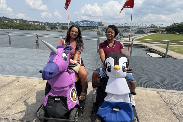 Two women riding scooters with unicorn and penguin covers by a river, with flags and bridge in background.