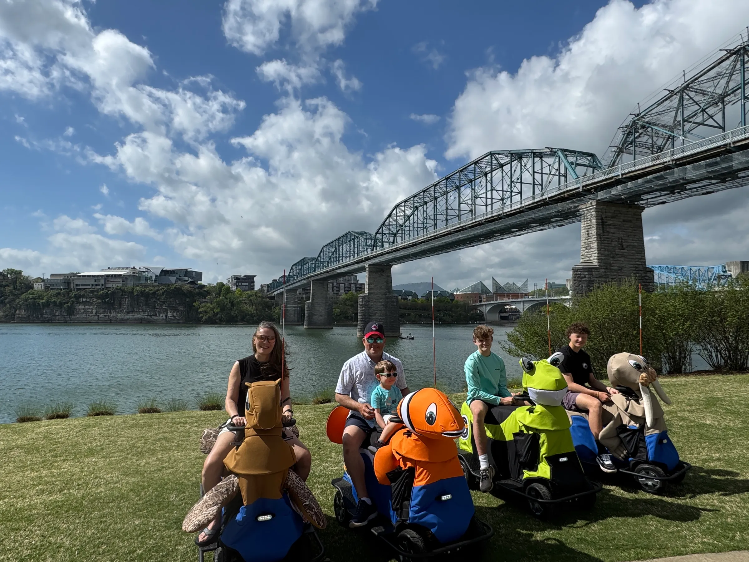 a group of people on a bridge